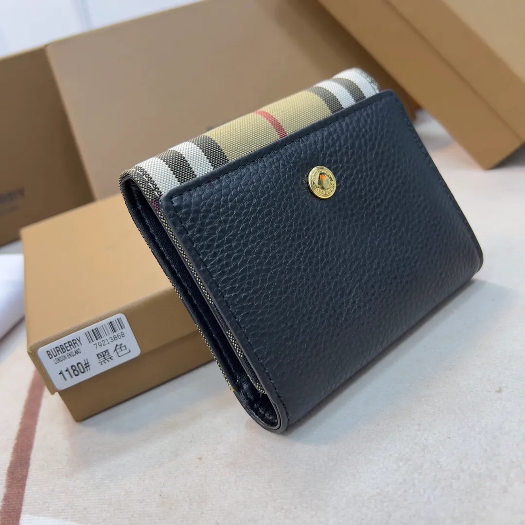 p170 [Burberry•Burberry] original product🇮🇹～～🎉 Vintage plaid eco-friendly canvas short clip, matched with imported soft calf leather👍Counter quality, fine workmanship💋Real shot📷,🆔🆔1180 black with apricot, brown with apricot Size: 11.5cm*9.5cm*3cm