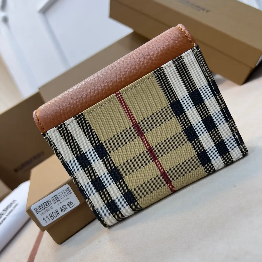 p170 [Burberry•Burberry] original product🇮🇹～～🎉 Vintage plaid eco-friendly canvas short clip, matched with imported soft calf leather👍Counter quality, fine workmanship💋Real shot📷,🆔🆔1180 black with apricot, brown with apricot Size: 11.5cm*9.5cm*3cm