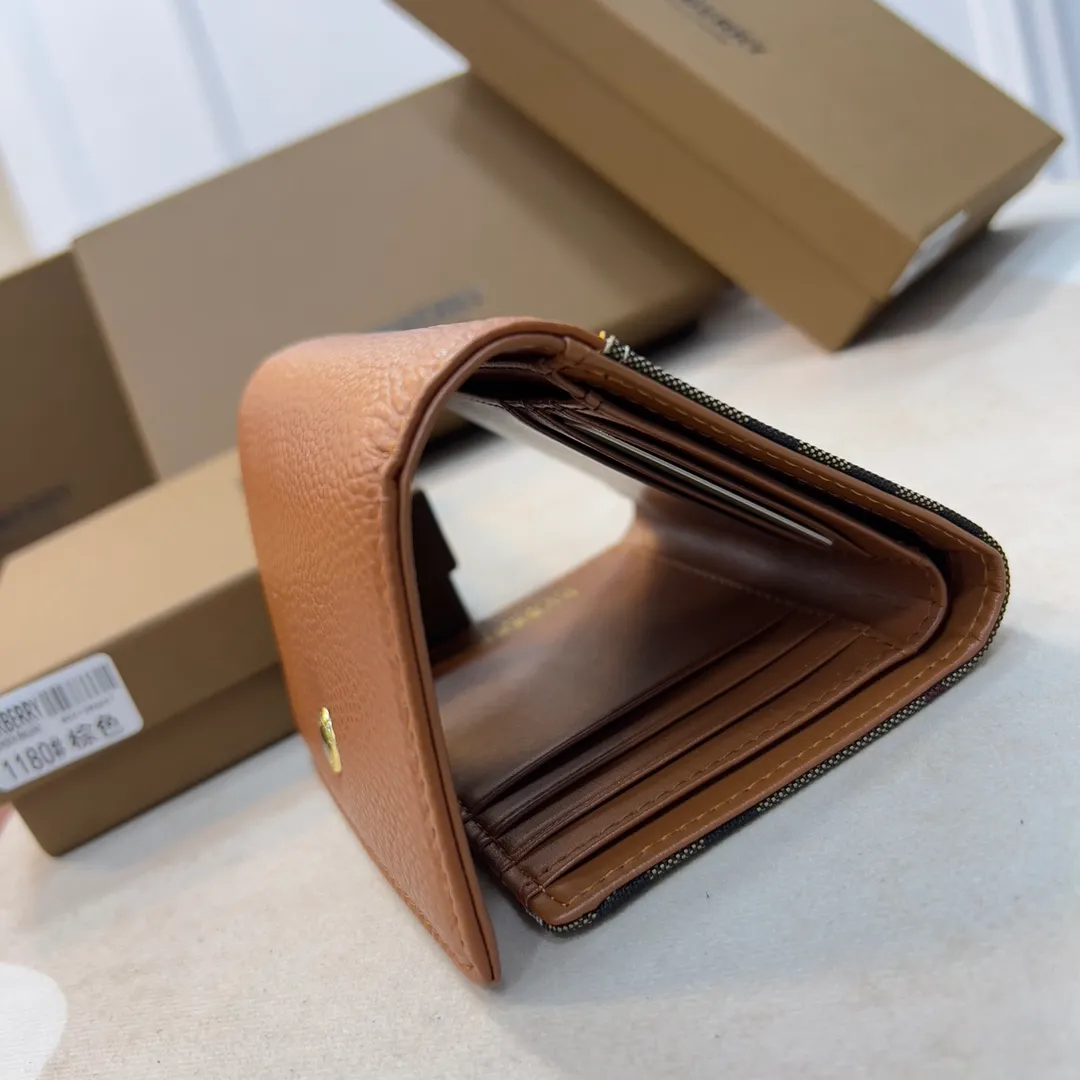 p170 [Burberry•Burberry] original product🇮🇹～～🎉 Vintage plaid eco-friendly canvas short clip, matched with imported soft calf leather👍Counter quality, fine workmanship💋Real shot📷,🆔🆔1180 black with apricot, brown with apricot Size: 11.5cm*9.5cm*3cm