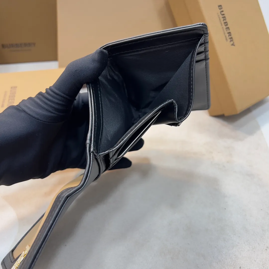 p170 [Burberry•Burberry] Original product🇮🇹~~🎉 Vintage exquisite folding short clip, made of spliced ​​calfskin material👍Counter quality, fine workmanship💋Real shot📷,🆔🆔1186 black, size: 8.5cm*4cm*9cm
