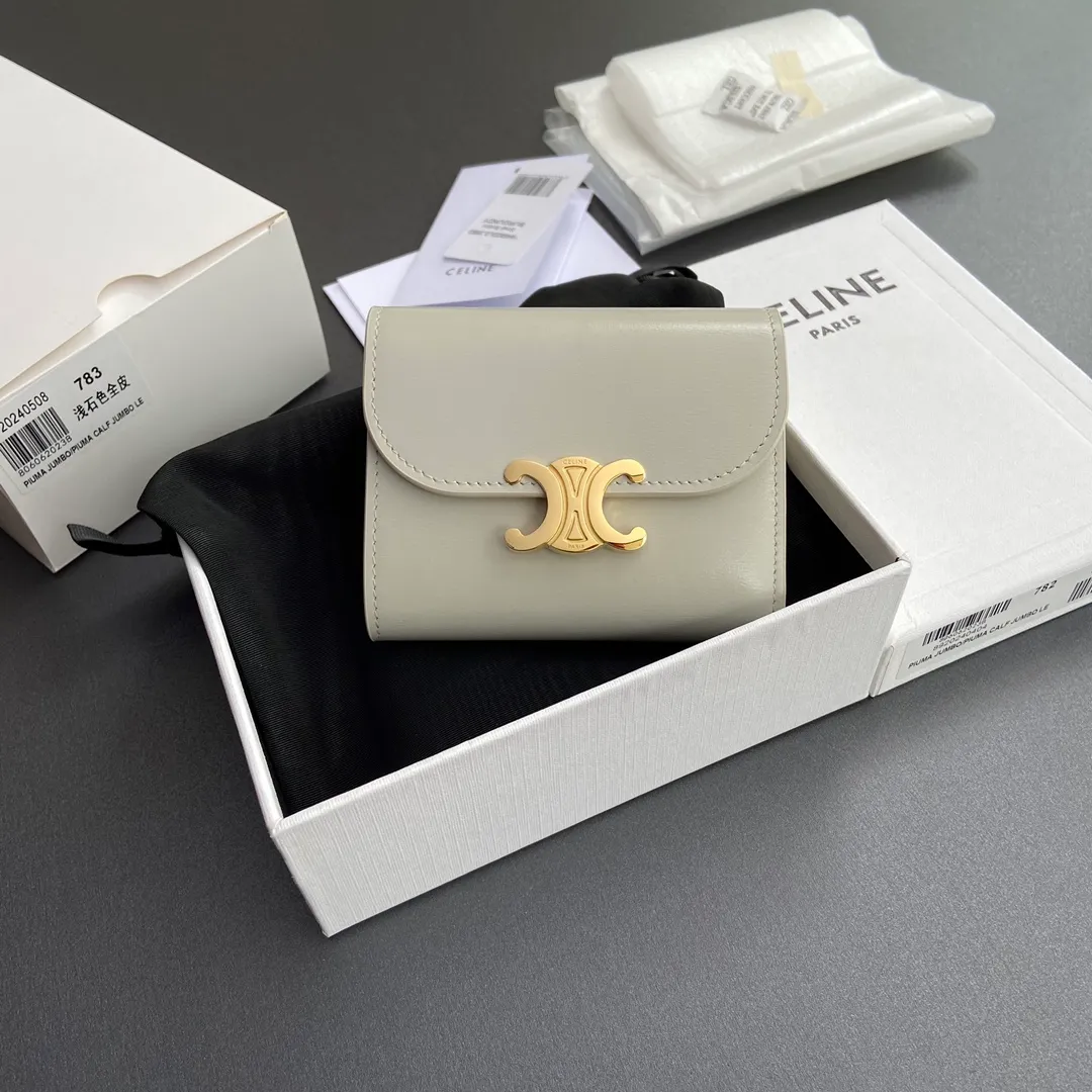 [Special grade pure steel hardware original leather] ¥700 TRIOMPHE bright cow leather wallet/2024 Xiaosai 5 card slots 1 folding coin bag with snap button 1 flat pocket 1 banknote bag No.: 10D782CQH.04LU783 783 light stone color full leather Size: w10.5×9×3cm.