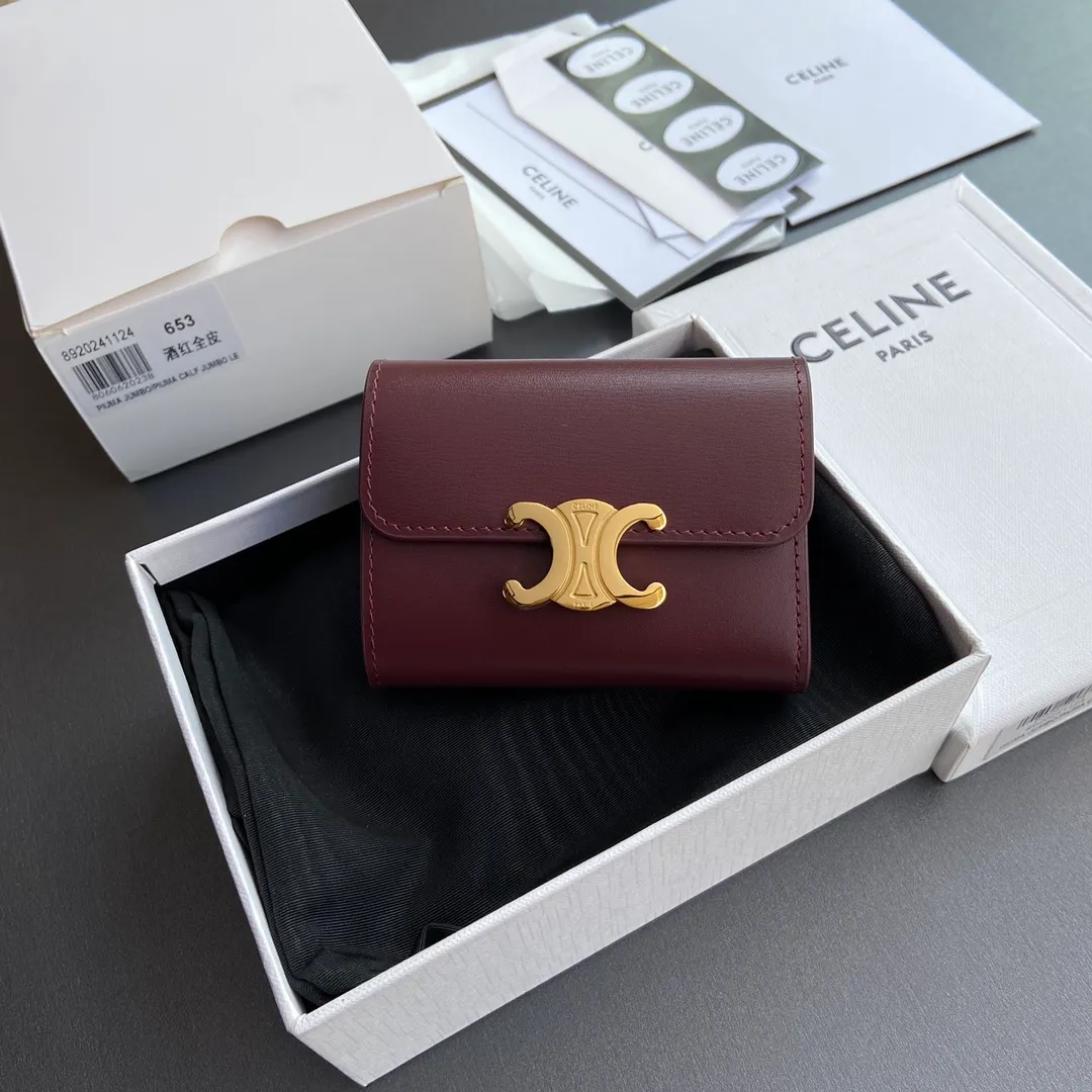 [Extra-grade pure steel hardware original leather] ¥680 TRIOMPHE glossy leather short wallet/2024 Xiaosai 4 card slots 2 patch pockets 1 cash compartment 1 detachable zipper card holder with snaps No.: 10l653DS3.04LU652 653 Burgundy full leather Size: w9.5×h7.5×3cm