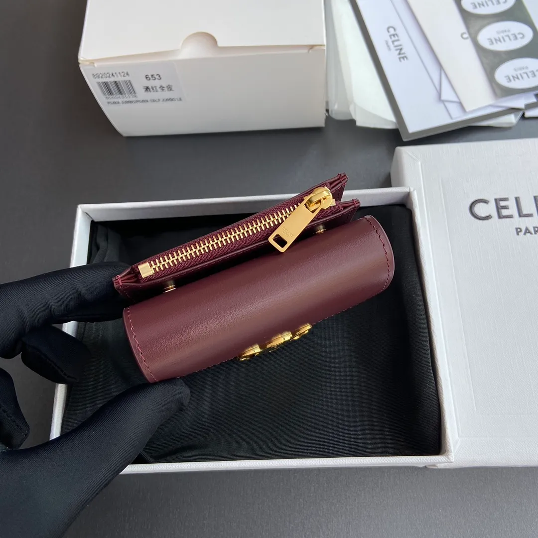 [Extra-grade pure steel hardware original leather] ¥680 TRIOMPHE glossy leather short wallet/2024 Xiaosai 4 card slots 2 patch pockets 1 cash compartment 1 detachable zipper card holder with snaps No.: 10l653DS3.04LU652 653 Burgundy full leather Size: w9.5×h7.5×3cm