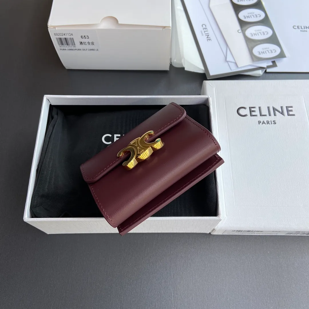 [Extra-grade pure steel hardware original leather] ¥680 TRIOMPHE glossy leather short wallet/2024 Xiaosai 4 card slots 2 patch pockets 1 cash compartment 1 detachable zipper card holder with snaps No.: 10l653DS3.04LU652 653 Burgundy full leather Size: w9.5×h7.5×3cm