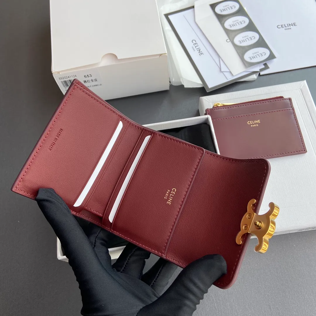 [Extra-grade pure steel hardware original leather] ¥680 TRIOMPHE glossy leather short wallet/2024 Xiaosai 4 card slots 2 patch pockets 1 cash compartment 1 detachable zipper card holder with snaps No.: 10l653DS3.04LU652 653 Burgundy full leather Size: w9.5×h7.5×3cm