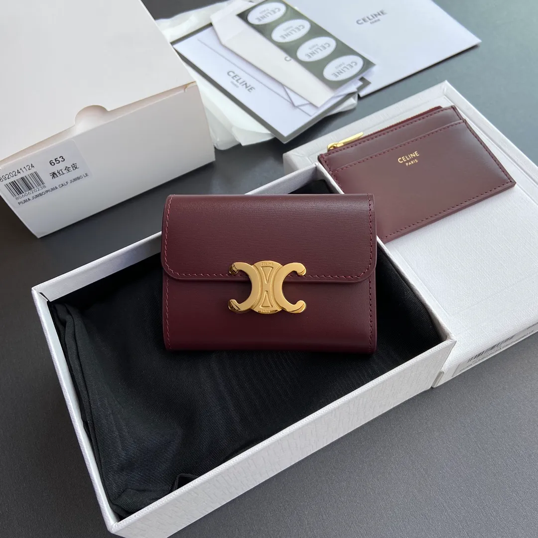 [Extra-grade pure steel hardware original leather] ¥680 TRIOMPHE glossy leather short wallet/2024 Xiaosai 4 card slots 2 patch pockets 1 cash compartment 1 detachable zipper card holder with snaps No.: 10l653DS3.04LU652 653 Burgundy full leather Size: w9.5×h7.5×3cm