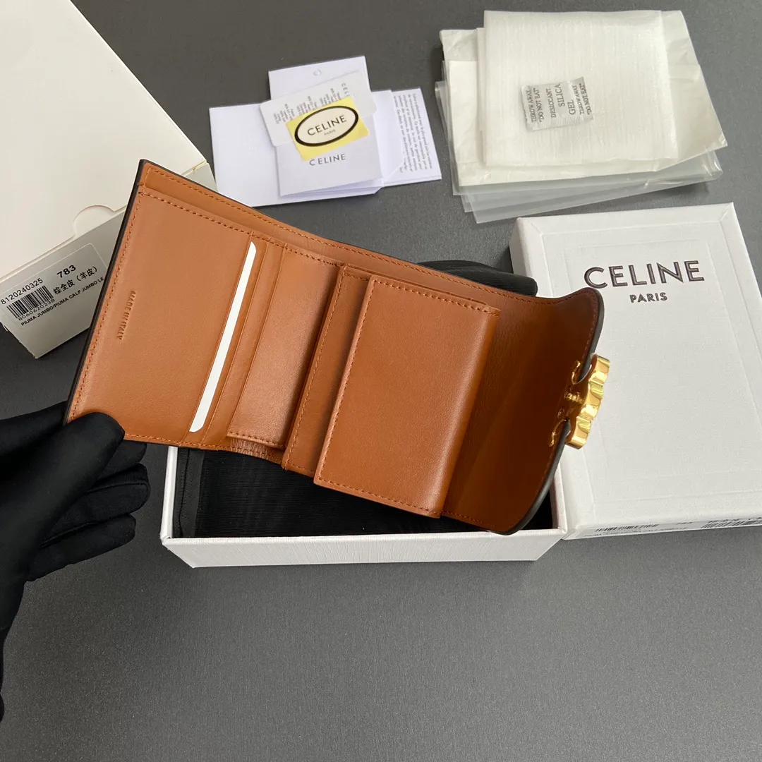 [Extra-grade pure steel hardware original leather] ¥700 TRIOMPHE glossy sheepskin wallet/2024 Xiaosai 5 card slots 1 folding coin bag with snap button 1 flat pocket 1 banknote bag No.: 10D782CQH.04LU783 783 brown full leather (sheepskin) Size: w10.5×9×3cm.
