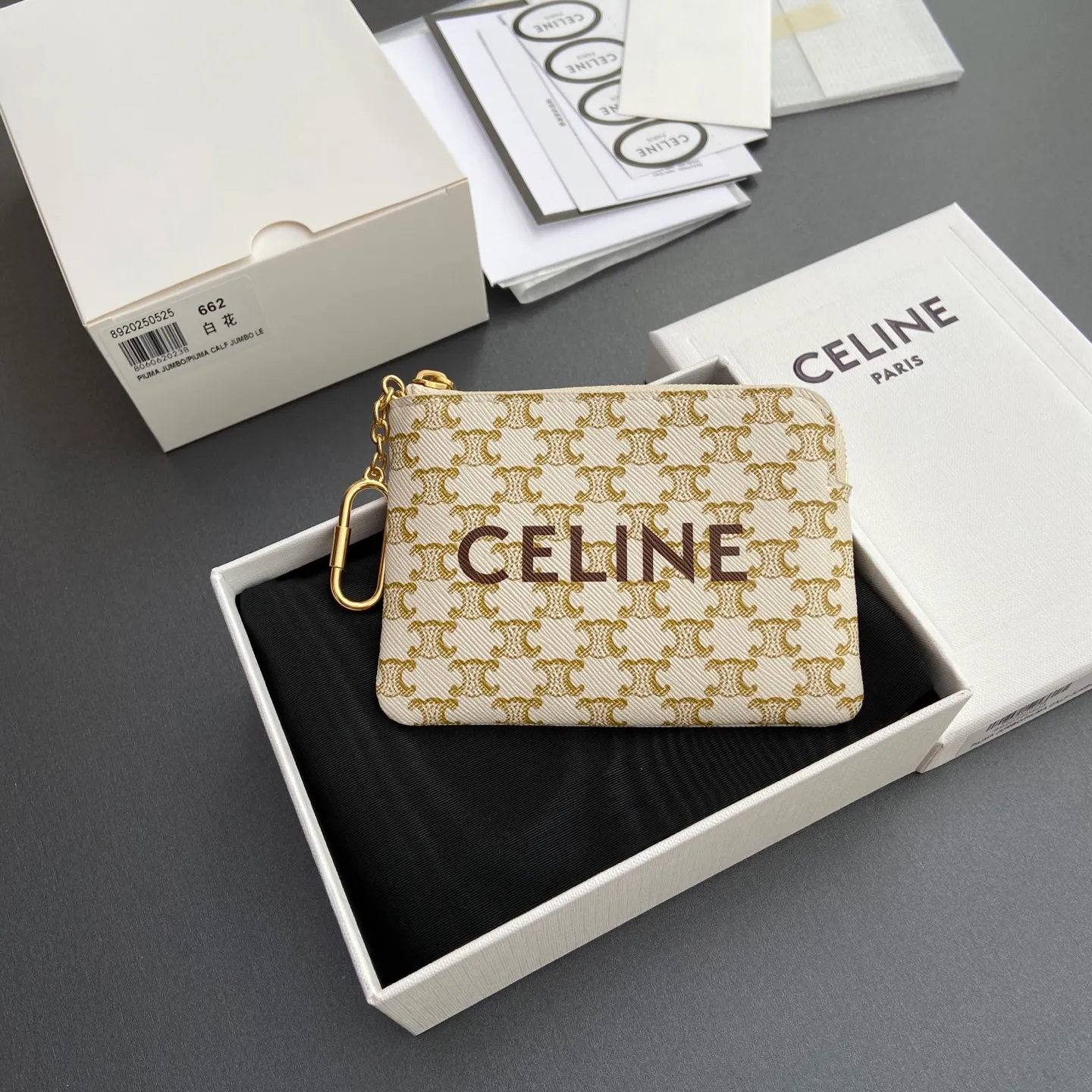 [Special grade imported original leather] ¥460 TRIOMPHE logo printing with hook buckle coin card holder Lining: fabric Gold metal parts Zipper lock 1 screw keychain Number: 10C 662 BTA.38NO663 662 White presbyopia Size: w13×h9.5cm