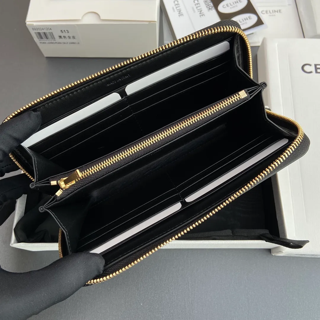 [Special grade pure steel hardware original leather] ¥740 TRIOMPHE smooth cowhide long zipper bag Zipper closure 2 gusseted compartments 12 credit card slots 2 flat pockets No.: 10K 513 DR8.04LU 513 Black full leather Size: w19×h10×d2cm