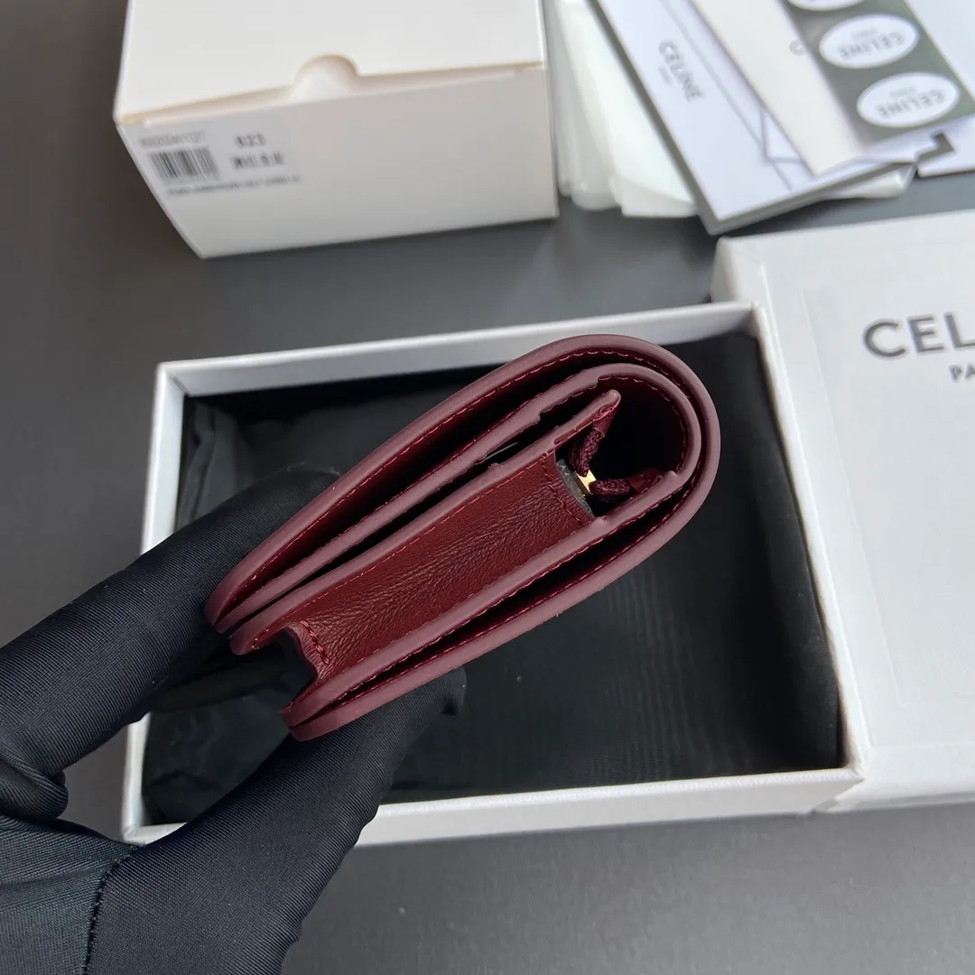 [Extra-grade pure steel hardware original leather] ¥640 TRIOMPHE glossy cow leather short wallet/2024 Xiaosai 5 card slots 1 zipper coin bag 1 flat pocket 1 banknote bag No.: 10K623DPV.38NO 622 623 Burgundy full leather Size: w11×9×3cm.