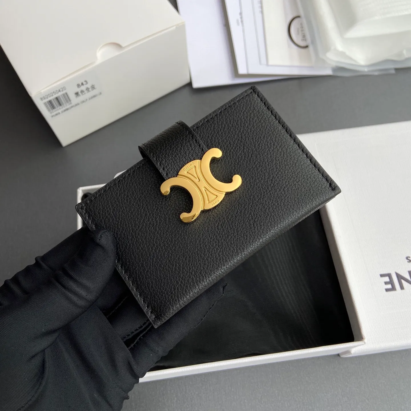 [Extra-grade pure steel hardware original leather] ¥660 ACCORDEON soft grained cow leather card holder/new model cow leather gold decorated TRIOMPHE metal texture snap button opening and closing 3 card slots No.: 10N843GHH.38NO 842 843 Black full leather Size: w11×h7×d2.5cm