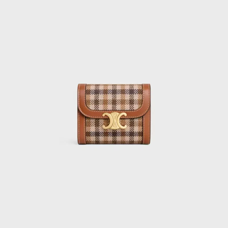 [Extra-grade pure steel hardware and original leather] ¥660 TRIOMPHE logo plaid fabric and cow leather short wallet 5 card slots 1 folding coin bag with snap button 1 flat pocket 1 banknote bag No.: 10D782CQH.04LU783 7829 Khaki brown Size: w10.5×9×3cm.