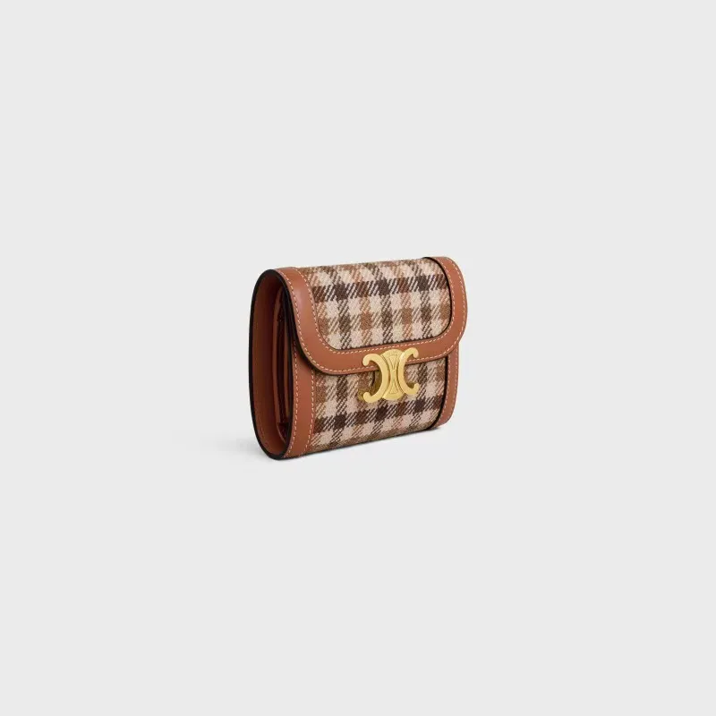 [Extra-grade pure steel hardware and original leather] ¥660 TRIOMPHE logo plaid fabric and cow leather short wallet 5 card slots 1 folding coin bag with snap button 1 flat pocket 1 banknote bag No.: 10D782CQH.04LU783 7829 Khaki brown Size: w10.5×9×3cm.