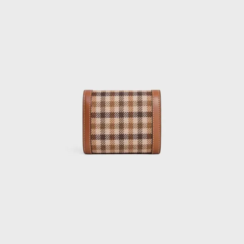 [Extra-grade pure steel hardware and original leather] ¥660 TRIOMPHE logo plaid fabric and cow leather short wallet 5 card slots 1 folding coin bag with snap button 1 flat pocket 1 banknote bag No.: 10D782CQH.04LU783 7829 Khaki brown Size: w10.5×9×3cm.