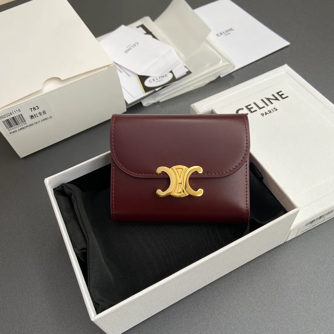 [Special grade pure steel hardware original leather] ¥700 TRIOMPHE glossy cow leather wallet/2024 Xiaosai 5 card slots 1 folding coin bag with snap button 1 flat pocket 1 banknote bag No.: 10D782CQH.04LU783 783 Burgundy full leather Size: w10.5×9×3cm.