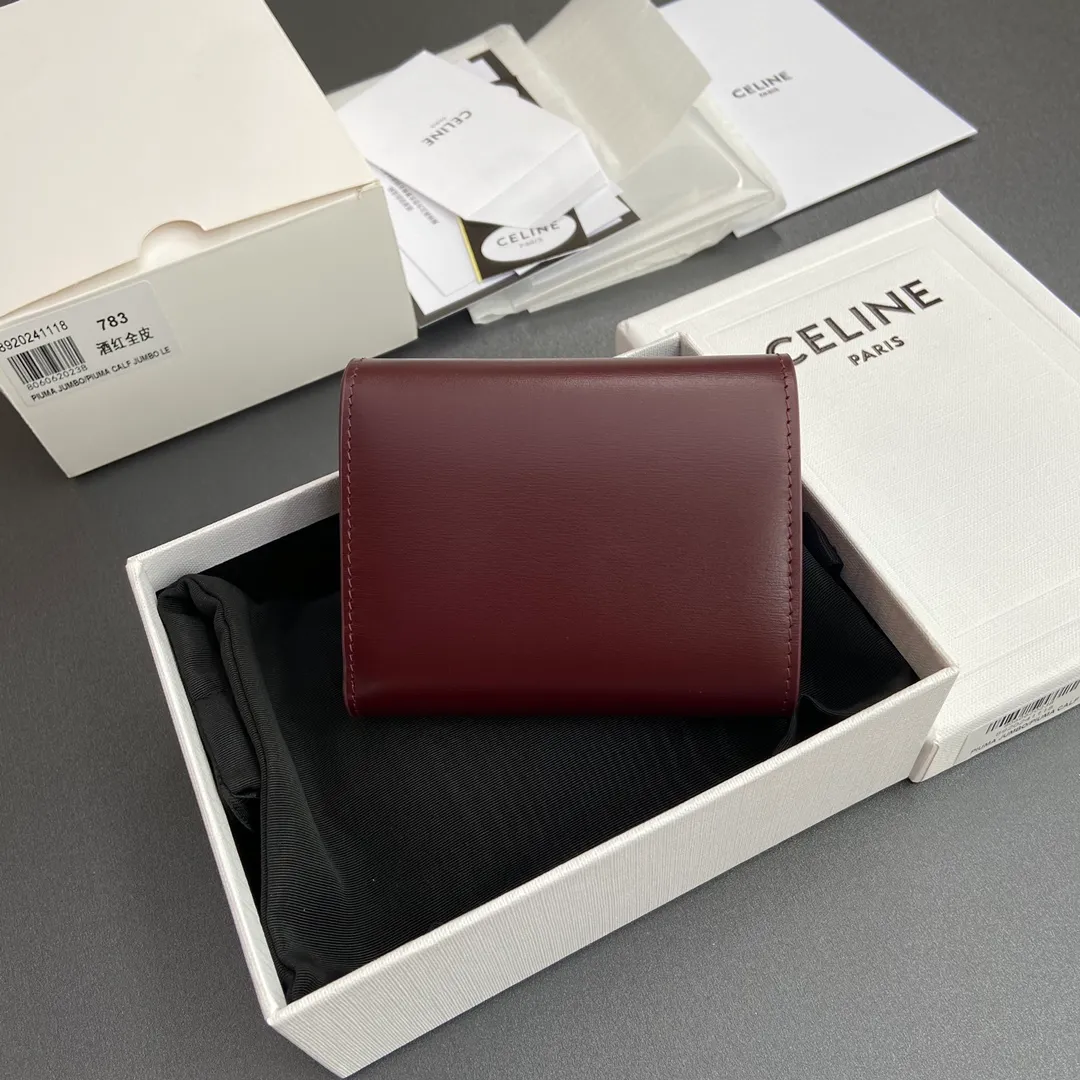 [Special grade pure steel hardware original leather] ¥700 TRIOMPHE glossy cow leather wallet/2024 Xiaosai 5 card slots 1 folding coin bag with snap button 1 flat pocket 1 banknote bag No.: 10D782CQH.04LU783 783 Burgundy full leather Size: w10.5×9×3cm.