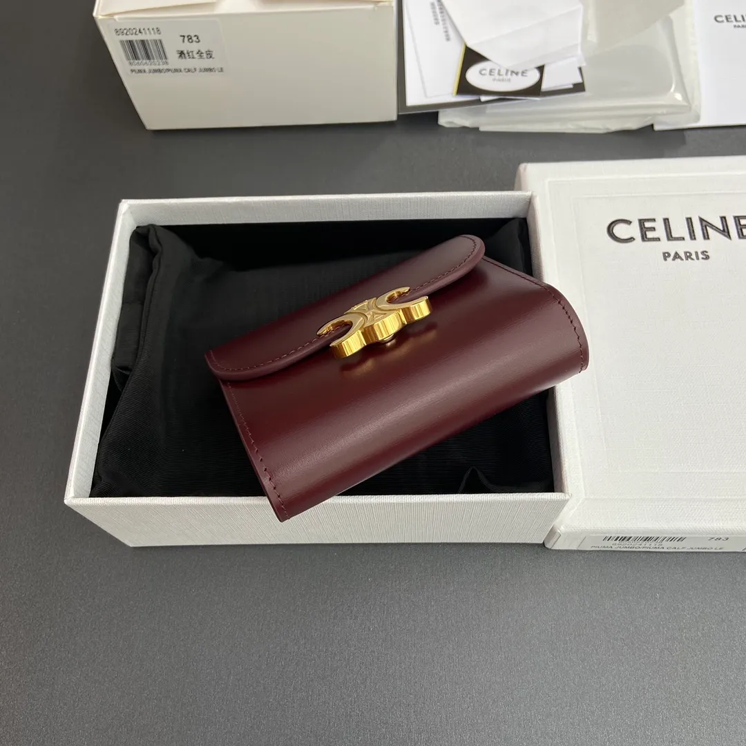 [Special grade pure steel hardware original leather] ¥700 TRIOMPHE glossy cow leather wallet/2024 Xiaosai 5 card slots 1 folding coin bag with snap button 1 flat pocket 1 banknote bag No.: 10D782CQH.04LU783 783 Burgundy full leather Size: w10.5×9×3cm.