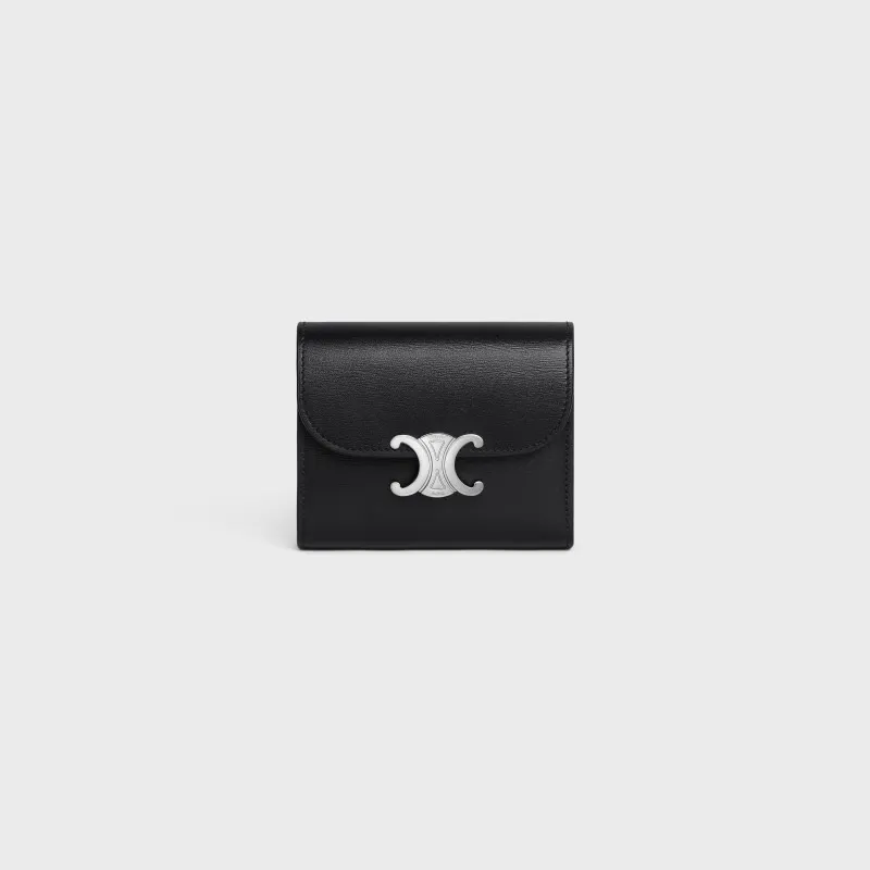 [Special grade pure steel hardware original leather] ¥700 TRIOMPHE bright cow leather wallet/No.: 10D782CQH.04LU782 783 Black and silver full leather Size: w10.5×9×3cm.