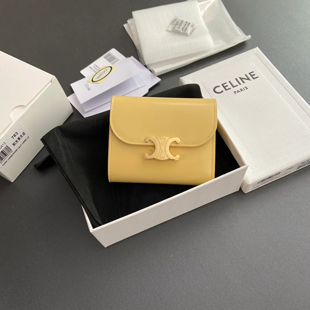 [Special grade pure steel hardware original leather] ¥700 TRIOMPHE glossy cow leather wallet/2024 Xiaosai 5 card slots 1 folding coin bag with snap buckle 1 flat pocket 1 banknote bag No.: 10D782CQH.04LU783 783 sunshine yellow full leather Size: w10.5×9×3cm.