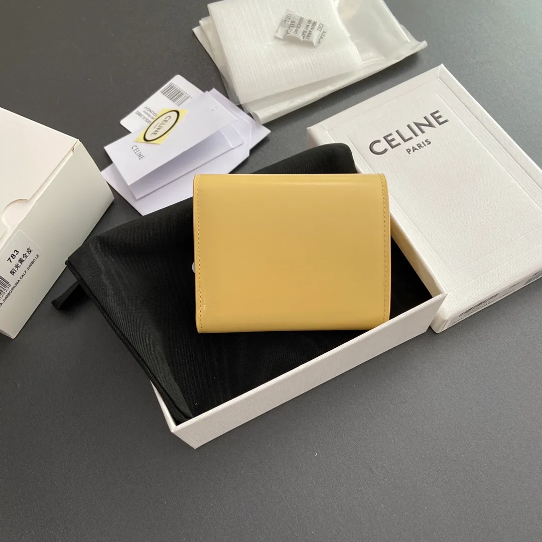 [Special grade pure steel hardware original leather] ¥700 TRIOMPHE glossy cow leather wallet/2024 Xiaosai 5 card slots 1 folding coin bag with snap buckle 1 flat pocket 1 banknote bag No.: 10D782CQH.04LU783 783 sunshine yellow full leather Size: w10.5×9×3cm.