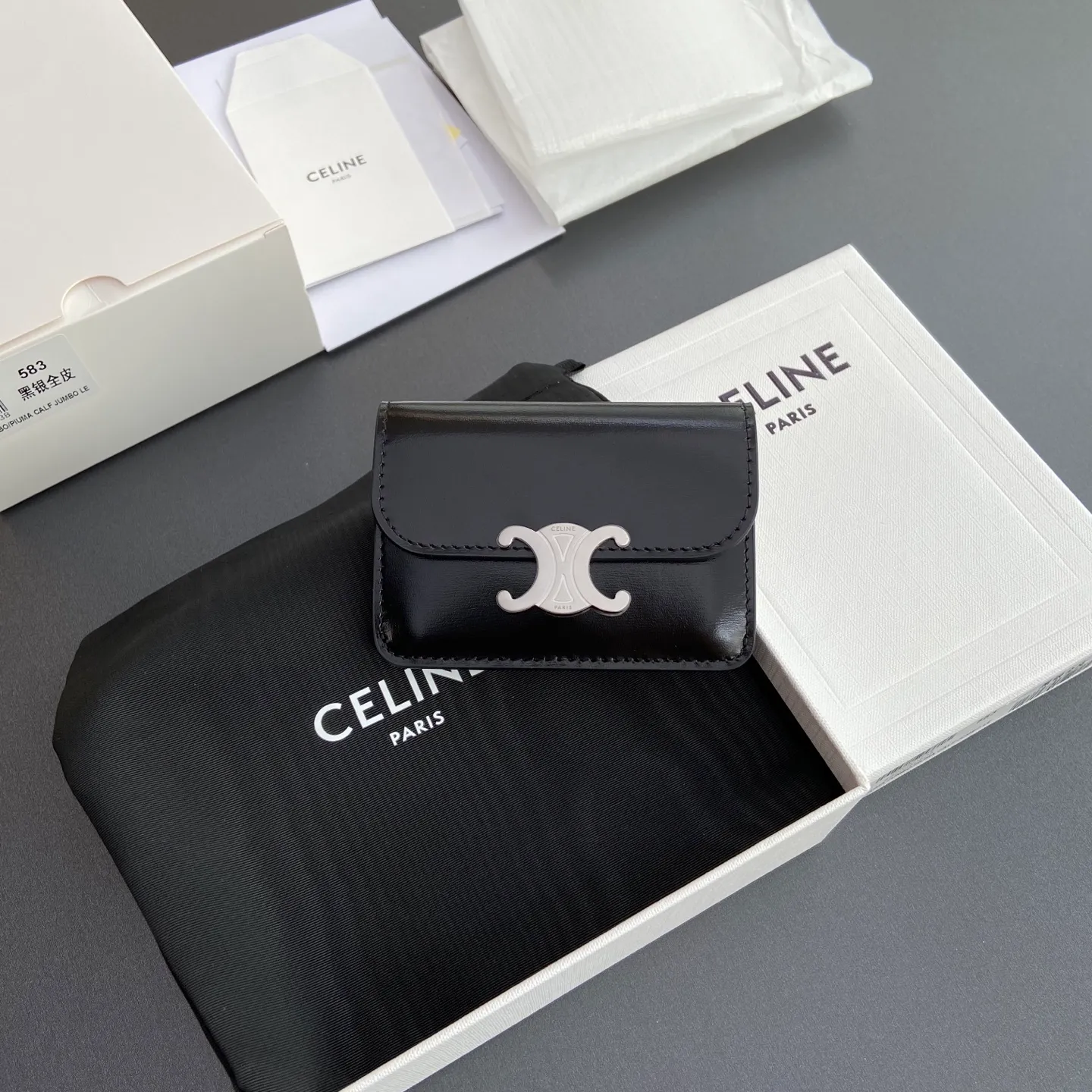 [Special grade pure steel hardware original leather] TRIOMPHE bright cow leather flip card holder / No.: 10I582CPJ.04LU 583 black silver size: w10×h7.5×d2cm