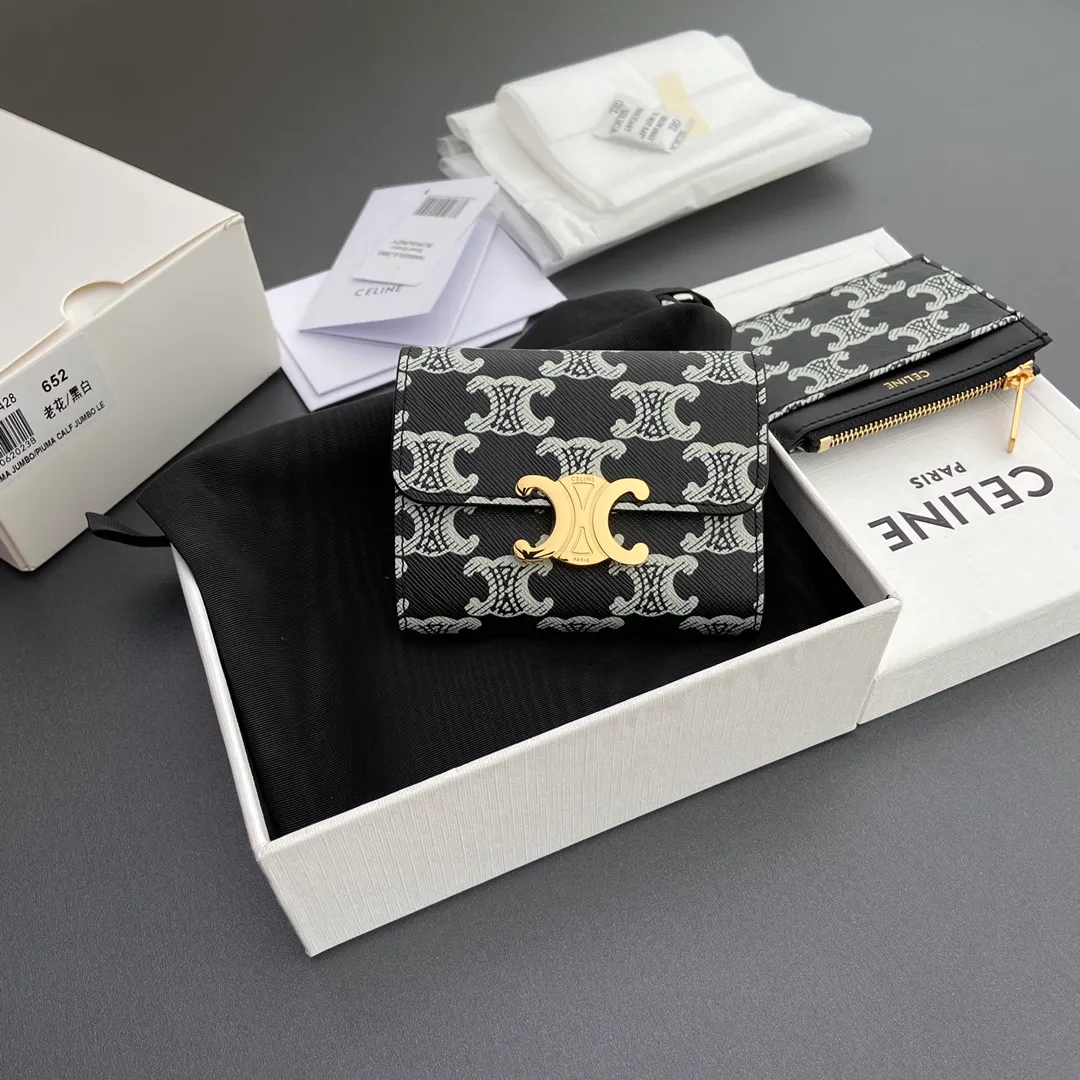 [Special grade pure steel hardware original leather] TRIOMPHE logo printed short wallet/2024 Xiaosai No.: 10l652DS3.04LU653 652 black and white/presbyopic
