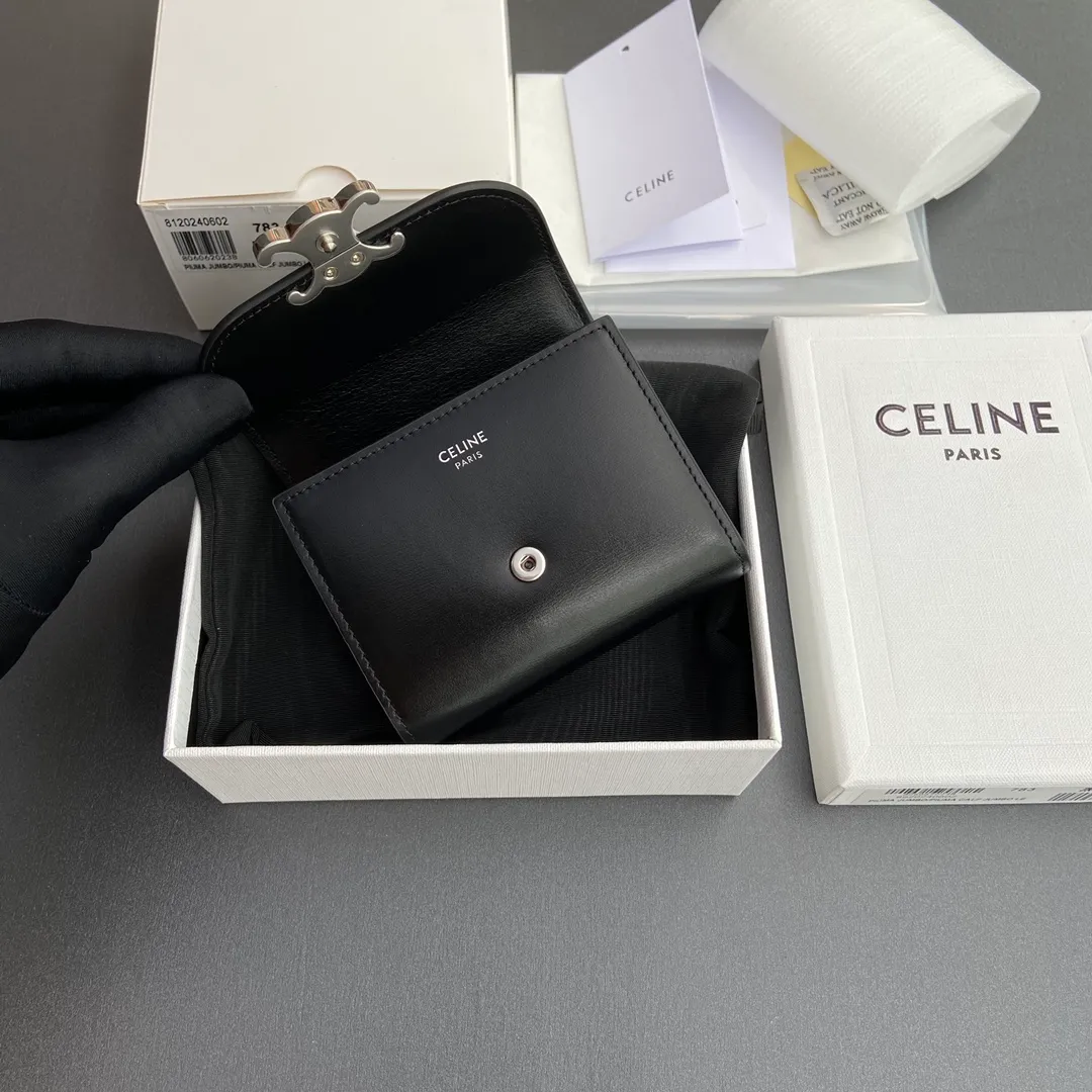 [Extra-grade pure steel hardware original leather] ¥700 TRIOMPHE glossy cow leather wallet/2024 Xiaosai 5 card slots 1 folding coin bag with snap buckle 1 flat pocket 1 banknote bag No.: 10D782CQH.04LU782 783 black silver full leather Size: w10.5×9×3cm.