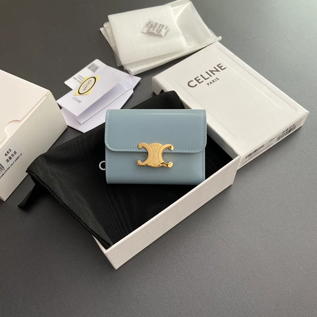 [Special grade pure steel hardware original leather] TRIOMPHE glossy leather short wallet/2024 Xiaosai No.: 10l653DS3.04LU652 653 light blue full leather