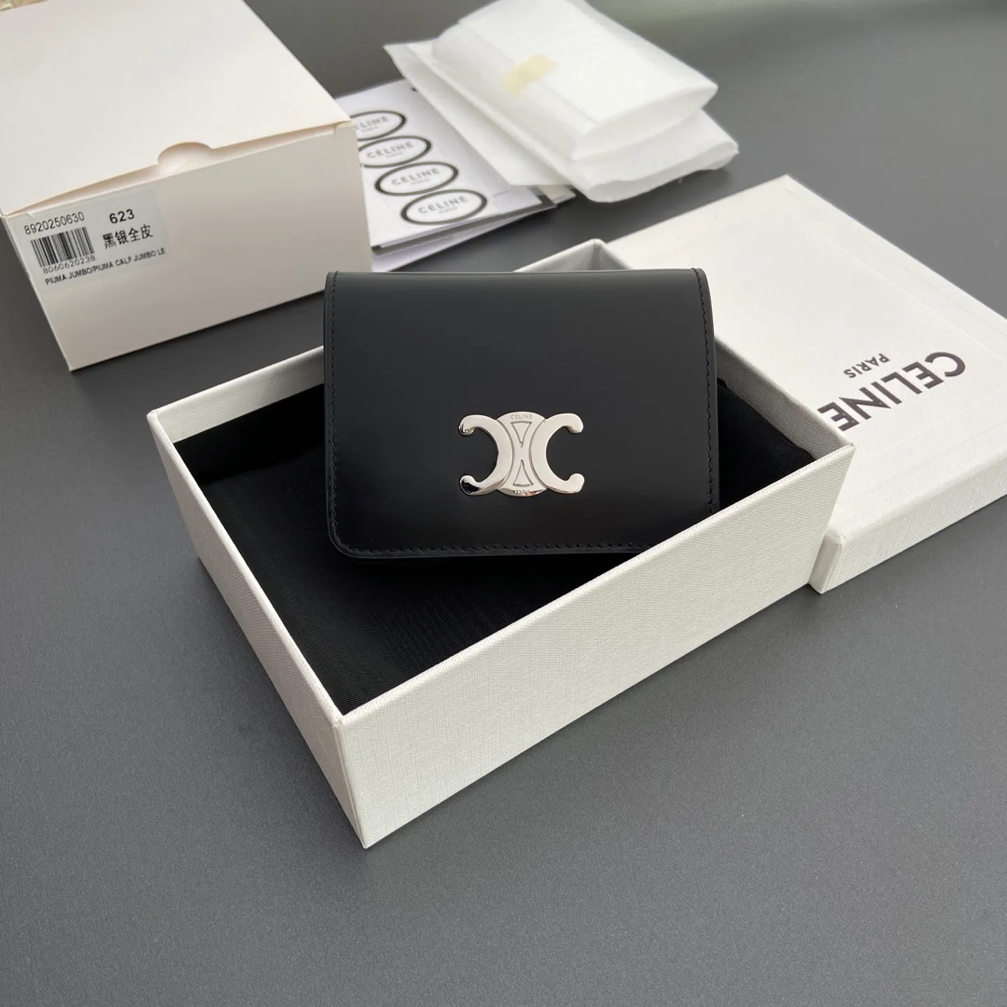 [Special grade pure steel hardware original leather] ¥640 TRIOMPHE bright cow leather short wallet/2024 Xiaosai No.: 10K623DPV.38NO 622 623 black silver buckle full leather Size: w11×9×3cm.