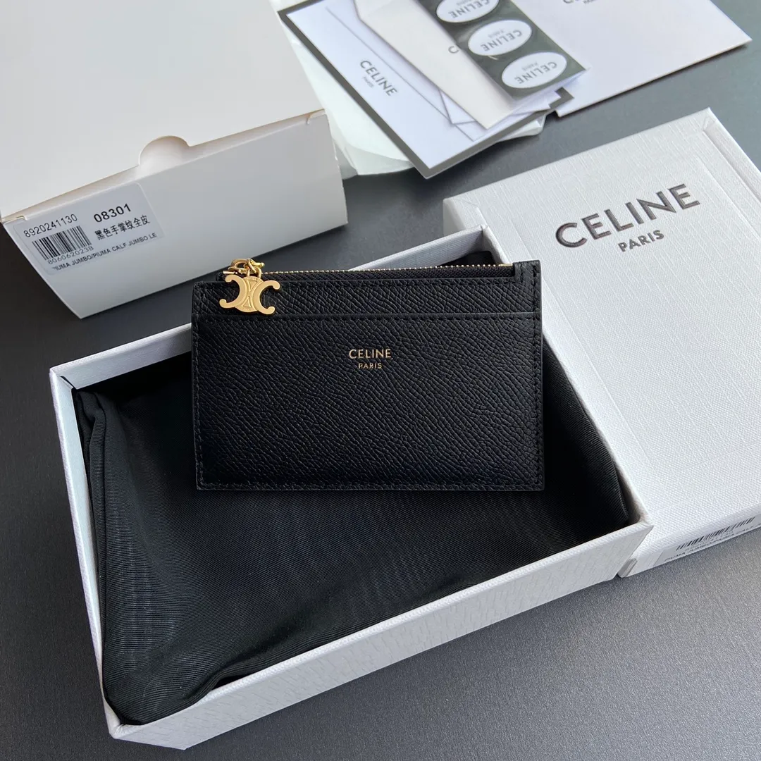 [Extra-grade pure steel hardware original leather] ¥500 Palm print cow leather zipper card holder/2024 Xiaosai cow leather Cow leather lining Gold finish TRIOMPHE functional pendant 1 zipper compartment 3 credit card slots 1 outer flat pocket Number: 10M083FRJ.38NO 083 08301 Black palm print full leather Size: w11×7.5cm