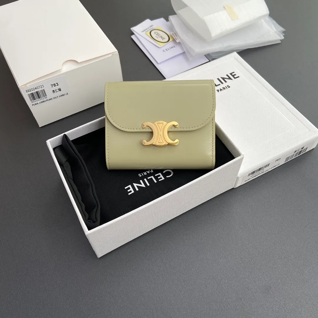 [Special grade pure steel hardware original leather] ¥700 TRIOMPHE bright cow leather wallet/2024 Xiaosai 5 card slots 1 folding coin bag with snap button 1 flat pocket 1 banknote bag No.: 10D782CQH.04LU783 783 almond green full leather Size: w10.5×9×3cm.