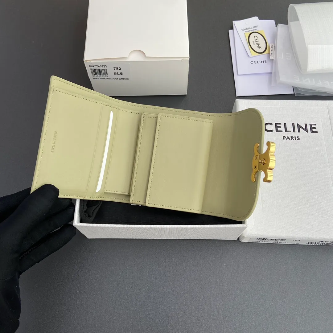 [Special grade pure steel hardware original leather] ¥700 TRIOMPHE bright cow leather wallet/2024 Xiaosai 5 card slots 1 folding coin bag with snap button 1 flat pocket 1 banknote bag No.: 10D782CQH.04LU783 783 almond green full leather Size: w10.5×9×3cm.