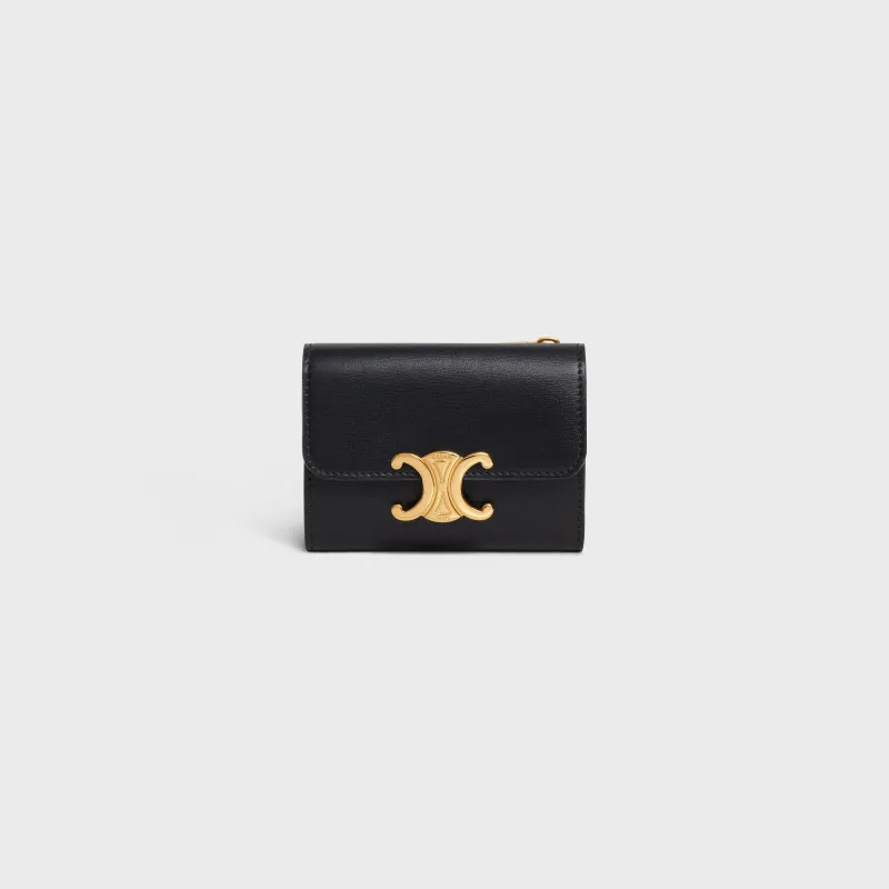 [Special grade pure steel hardware original leather] ¥680 TRIOMPHE glossy leather short wallet/No.: 10l653DS3.04LU652 653 Black full leather Size: w9.5×h7.5×3cm