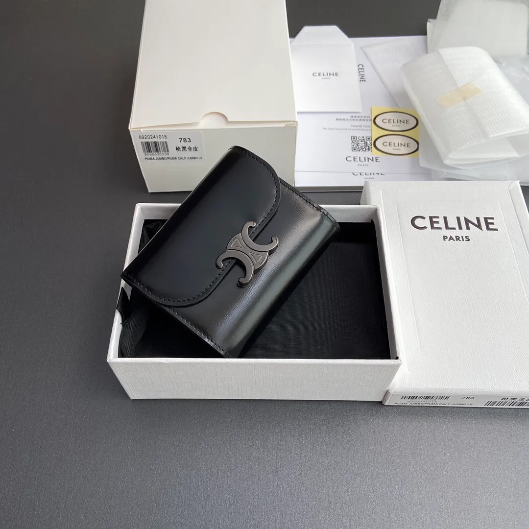 [Special grade pure steel hardware original leather] ¥700 TRIOMPHE glossy cow leather wallet/2024 Xiaosai 5 card slots 1 folding coin bag with snap button 1 flat pocket 1 banknote bag No.: 10D782CQH.04LU783 783 black gun full leather Size: w10.5×9×3cm.