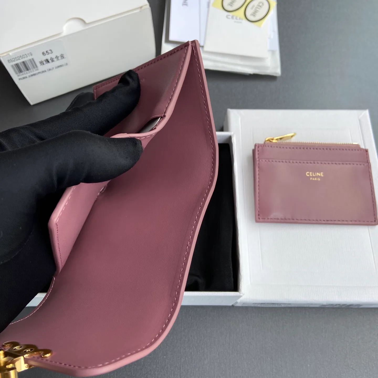 [Extra-grade pure steel hardware original leather] ¥680 TRIOMPHE glossy leather short wallet/4 card slots 2 patch pockets 1 cash compartment 1 detachable zipper card holder with snaps No.: 10l653DS3.04LU652 653 Rose gold full leather Size: w9.5×h7.5×3cm