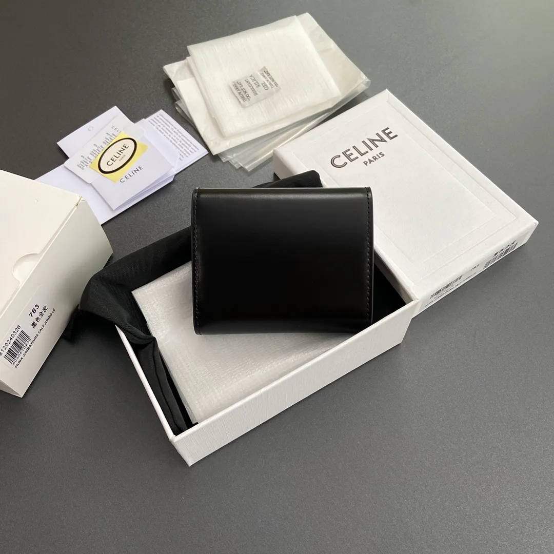 [Extra-grade pure steel hardware original leather] ¥700 TRIOMPHE glossy cow leather wallet/2024 Xiaosai 5 card slots 1 folding coin bag with snap buckle 1 flat pocket 1 banknote bag No.: 10D782CQH.04LU783 783 black full leather Size: w10.5×9×3cm.