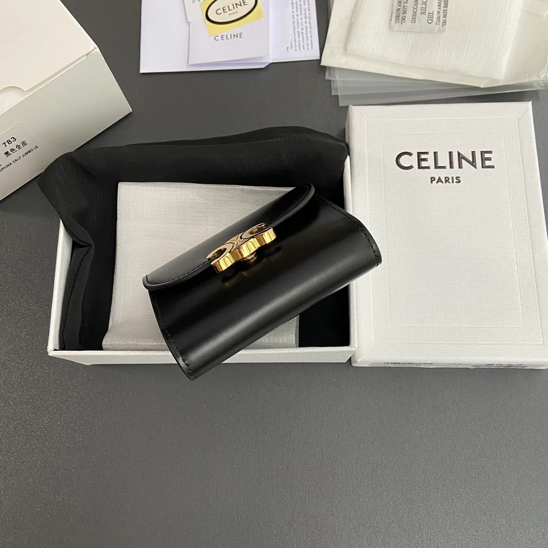 [Extra-grade pure steel hardware original leather] ¥700 TRIOMPHE glossy cow leather wallet/2024 Xiaosai 5 card slots 1 folding coin bag with snap buckle 1 flat pocket 1 banknote bag No.: 10D782CQH.04LU783 783 black full leather Size: w10.5×9×3cm.