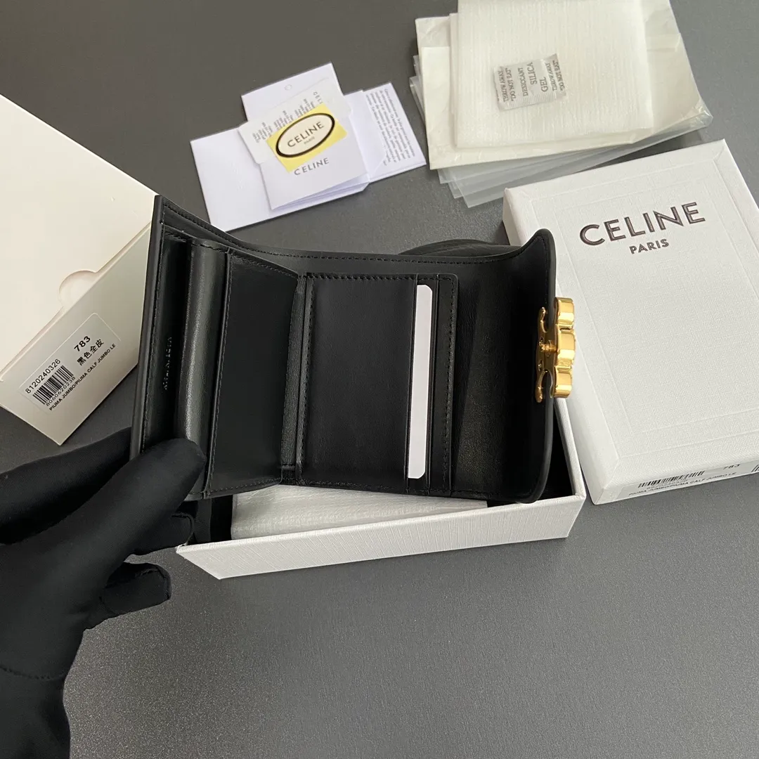 [Extra-grade pure steel hardware original leather] ¥700 TRIOMPHE glossy cow leather wallet/2024 Xiaosai 5 card slots 1 folding coin bag with snap buckle 1 flat pocket 1 banknote bag No.: 10D782CQH.04LU783 783 black full leather Size: w10.5×9×3cm.