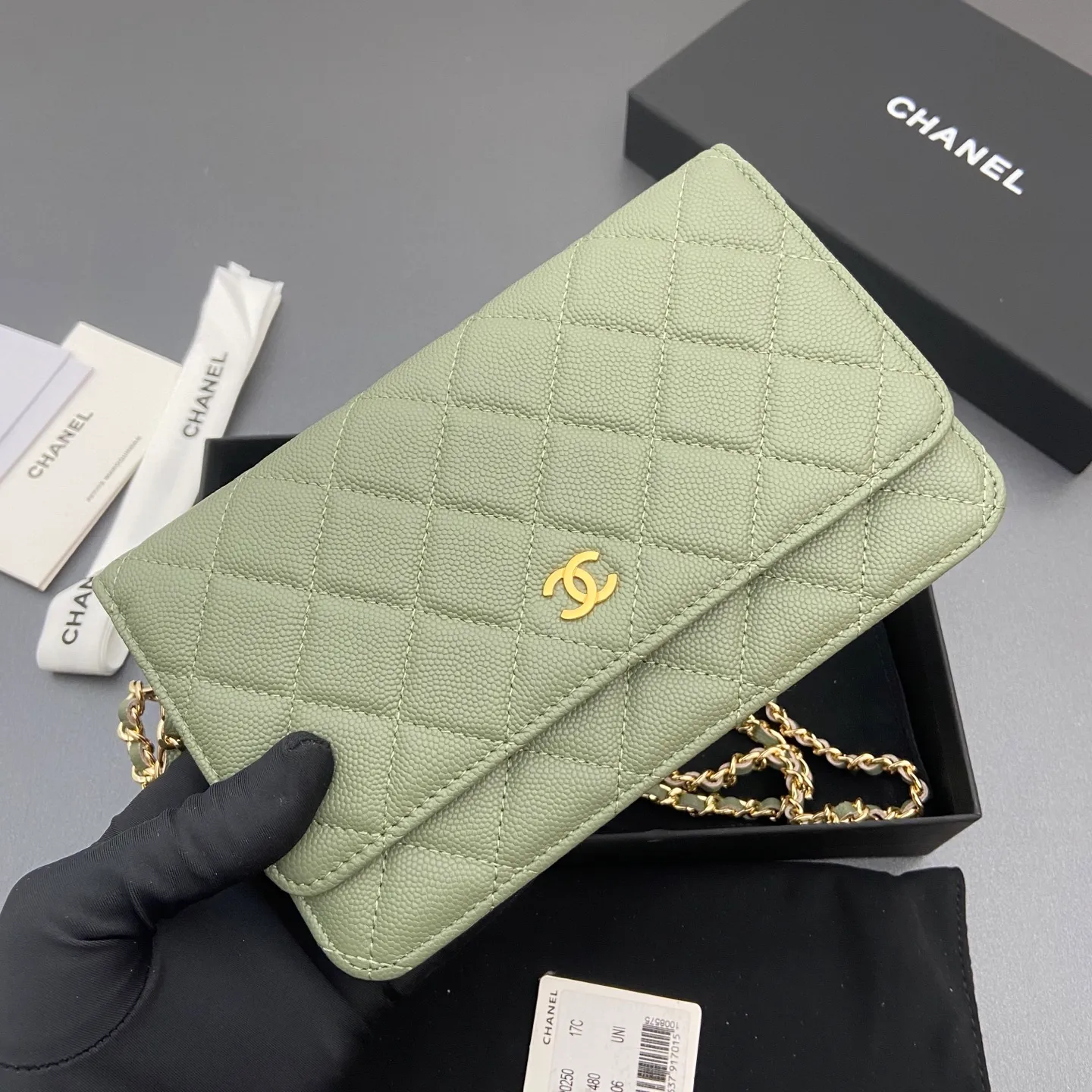 Xiaoxiang imported Italian caviar cowhide Item number: A0250 Price: 640 Size: w20×h13×d3.5cm Color: Greek green fine ball pattern golden steel mark