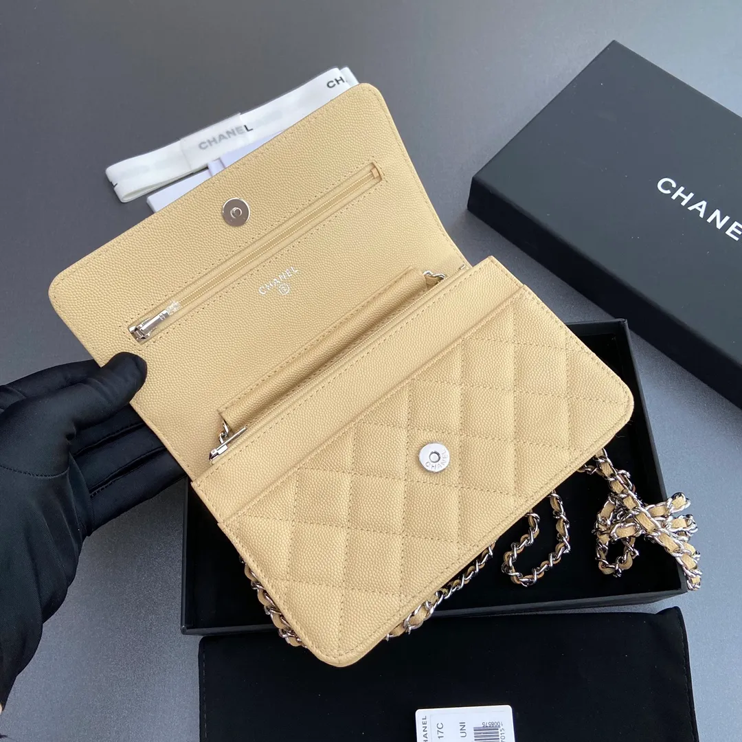 Xiaoxiang imported Italian grained calfskin Item number: A0250 💰: 640 Size: w20×h13×d3.5cm Color: apricot fine ball pattern silver steel mark