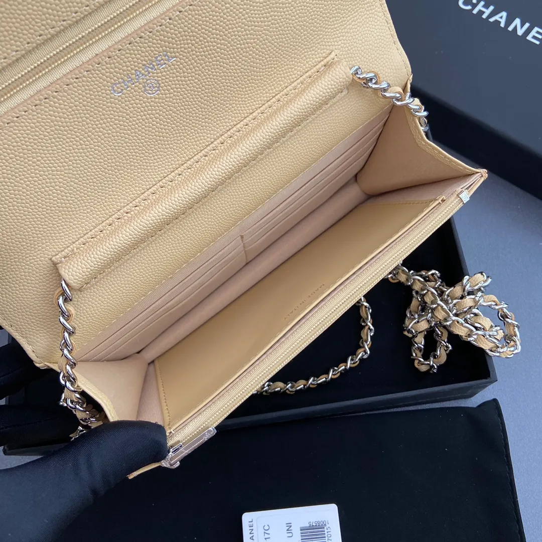 Xiaoxiang imported Italian grained calfskin Item number: A0250 💰: 640 Size: w20×h13×d3.5cm Color: apricot fine ball pattern silver steel mark