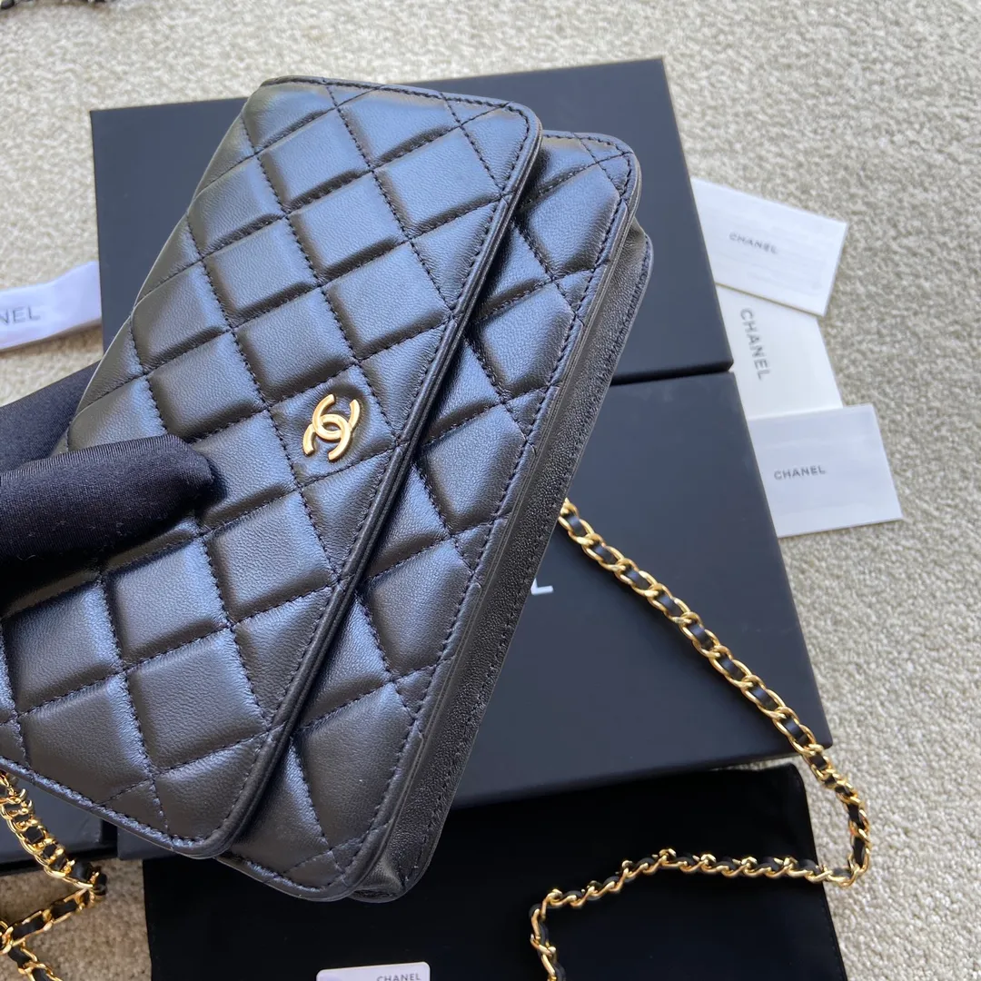 Snap button 600💰Xiaoxiang imported Italian lambskin Item number: A33814 Size: w20×h13×d3.5cm Color: black lambskin gold steel mark