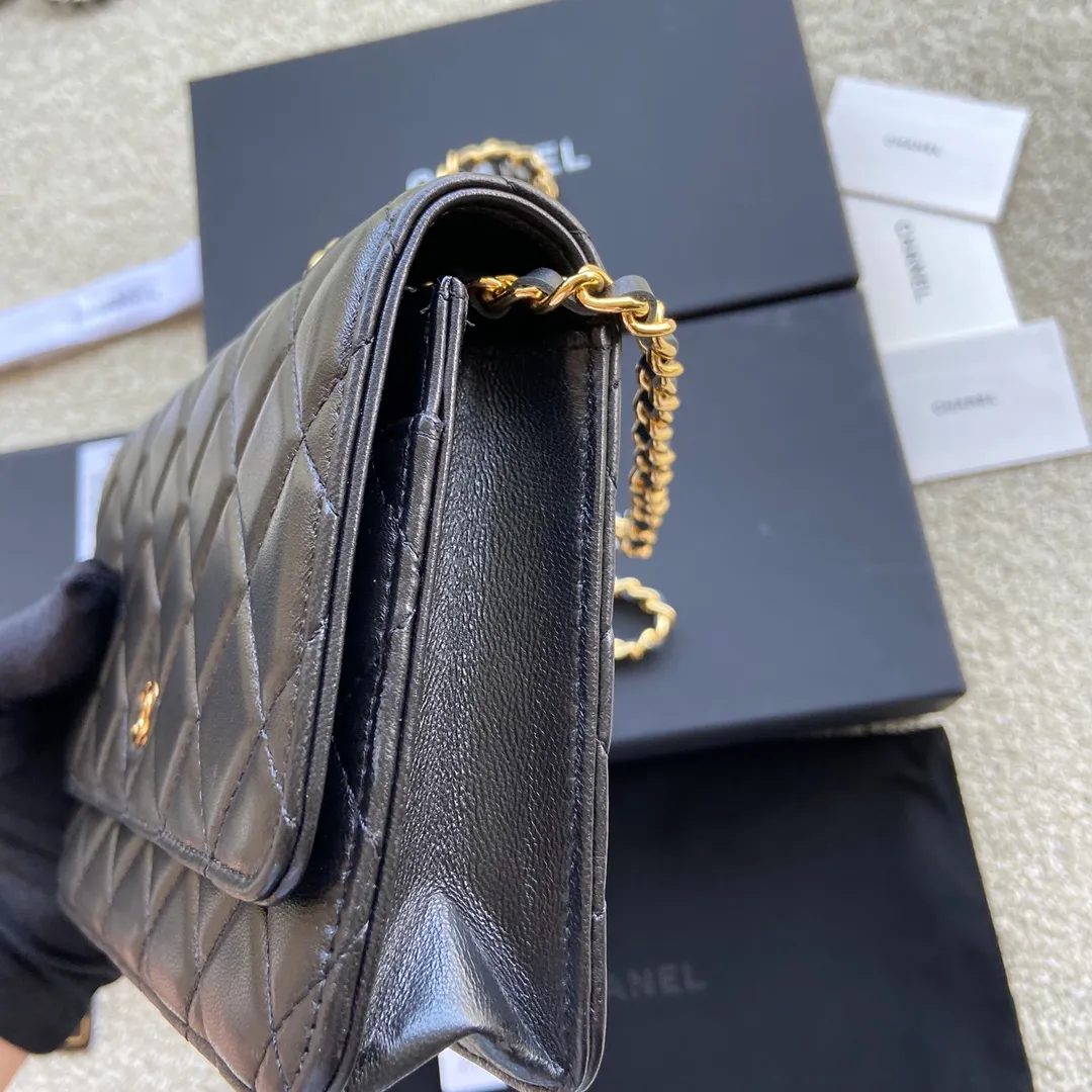 Snap button 600💰Xiaoxiang imported Italian lambskin Item number: A33814 Size: w20×h13×d3.5cm Color: black lambskin gold steel mark