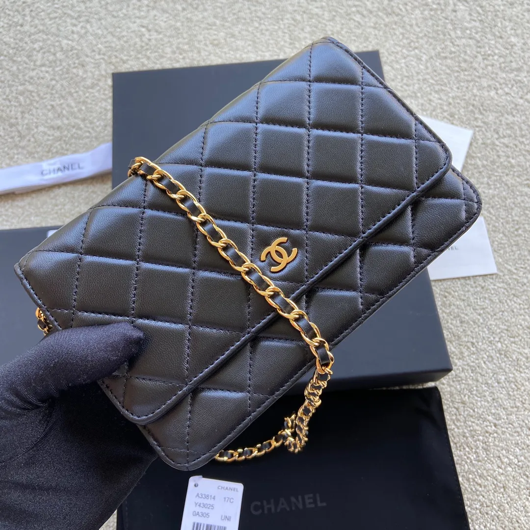 Snap button 600💰Xiaoxiang imported Italian lambskin Item number: A33814 Size: w20×h13×d3.5cm Color: black lambskin gold steel mark