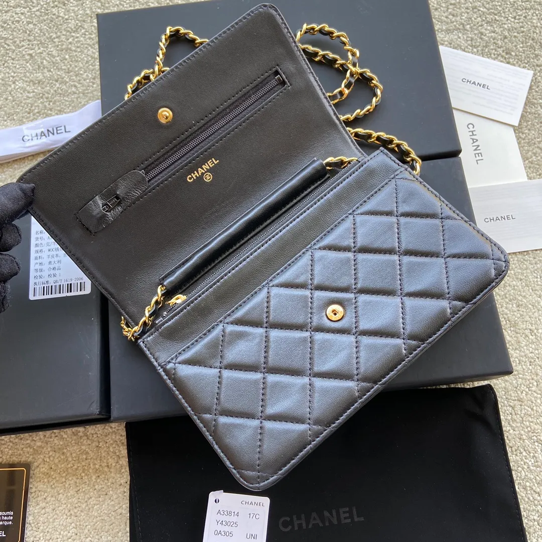 Snap button 600💰Xiaoxiang imported Italian lambskin Item number: A33814 Size: w20×h13×d3.5cm Color: black lambskin gold steel mark
