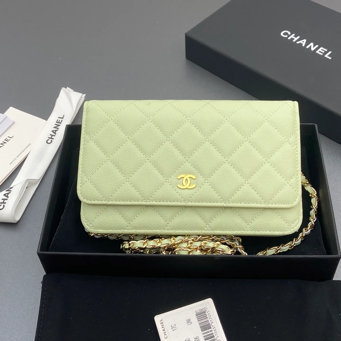 Xiaoxiang imported Italian caviar cowhide Item No.: A0250 Price: 640 Size: w20×h13×d3.5cm Color: Light green fine ball pattern gold steel mark