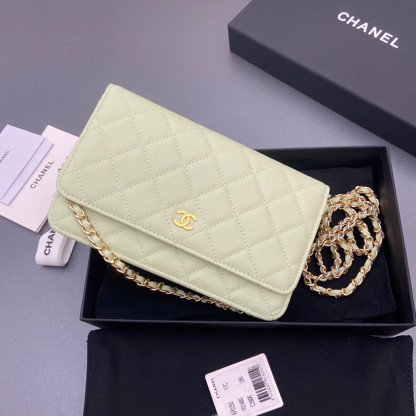 Xiaoxiang imported Italian caviar cowhide Item No.: A0250 Price: 640 Size: w20×h13×d3.5cm Color: Light green fine ball pattern gold steel mark