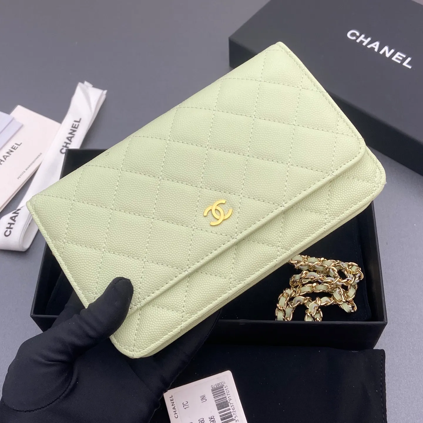 Xiaoxiang imported Italian caviar cowhide Item No.: A0250 Price: 640 Size: w20×h13×d3.5cm Color: Light green fine ball pattern gold steel mark