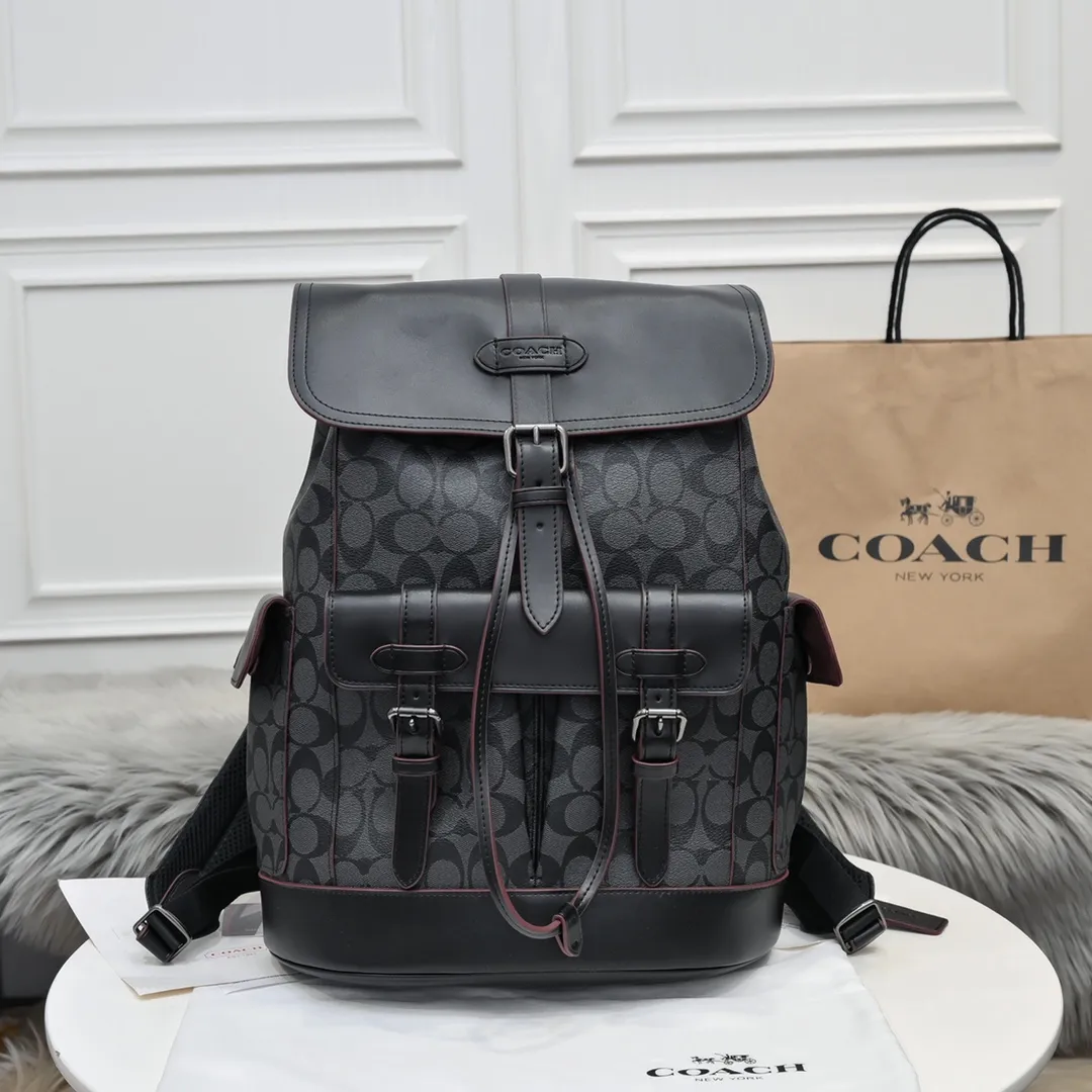 coach clamshell drawstring backpack travel mountaineering men's backpack F50044 multi-pocket design, simple and stylish appearance, can be used as a school bag, mountaineering bag, travel bag, huge capacity, super cool on the back, great texture, highly recommended, size: 32*42*14cm