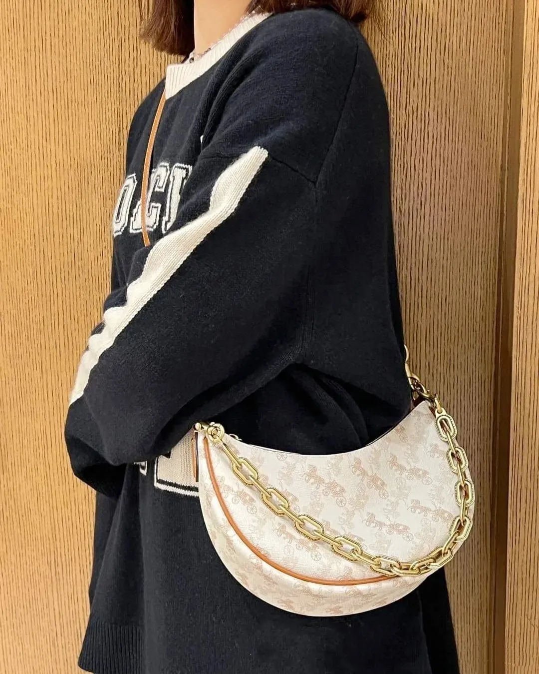 P360 [Top original order] CM584 Kou's new mira crescent bag has a proper temperament on the upper body, using a retro brushed brass chain ~ full of texture. Two shoulder straps can be worn cross-body under the arm, and the two styles can be switched at will. Size:23.5*16*6.5cm